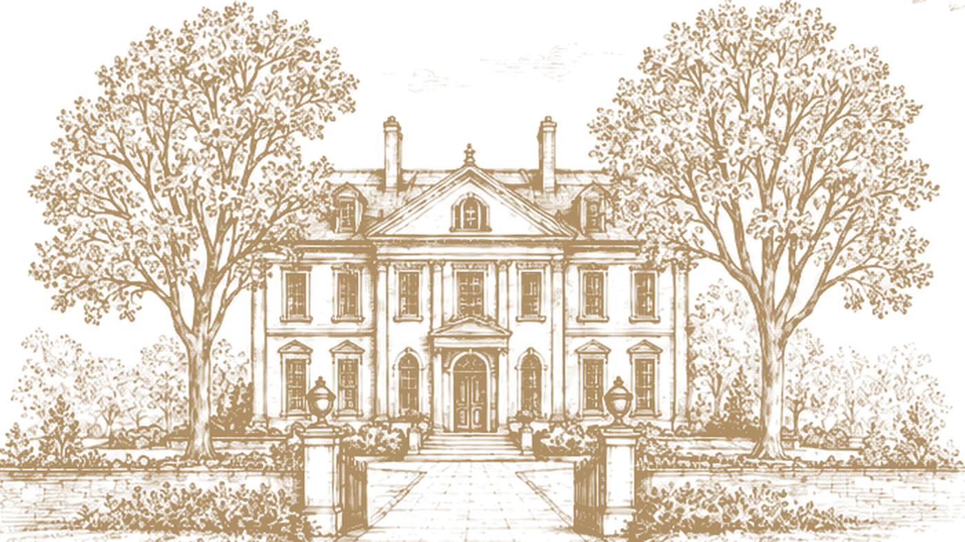 Historic estate with two mature trees, rendered in antique brass line art