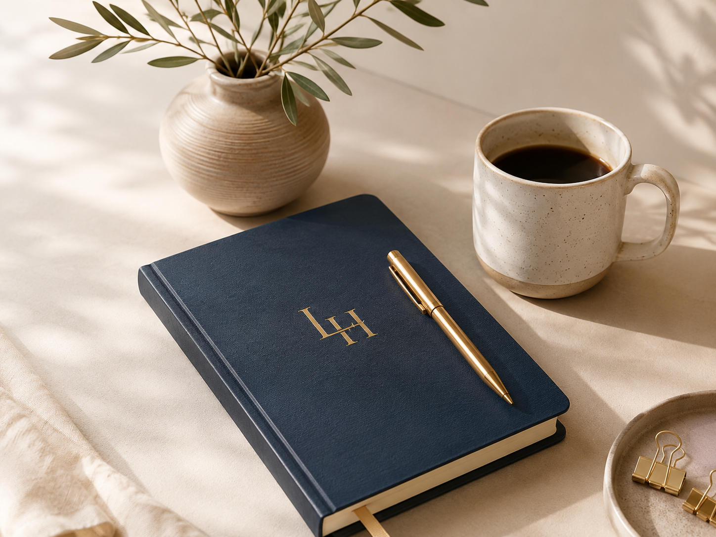 A dark blue Ledger House notebook, brass pen, and coffee cup arranged on a warm neutral desk
