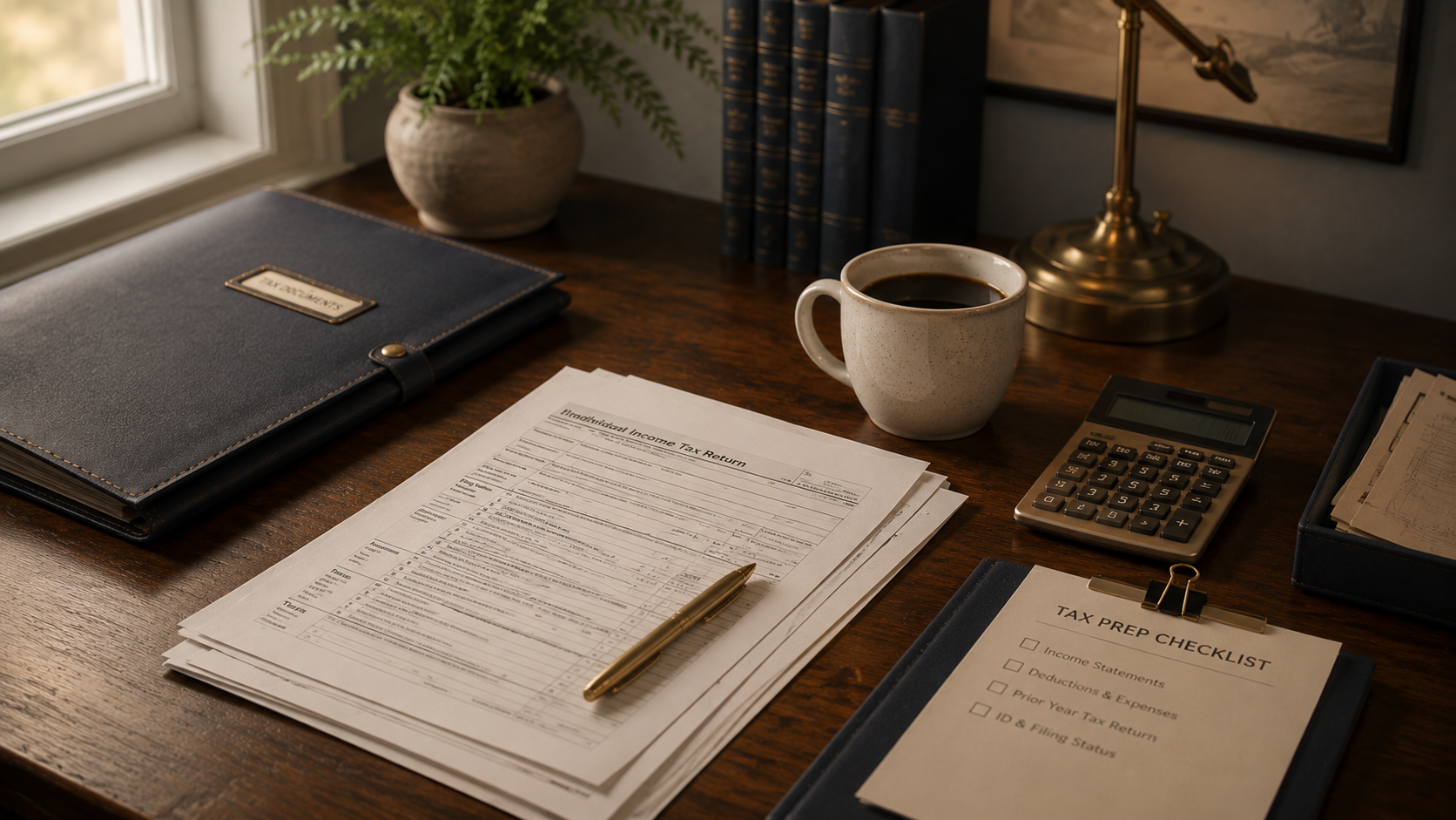 An organized individual tax preparation workspace with neatly labeled tax forms, a navy document folder, brass pen, cream coffee cup, calculator, and a concise tax document checklist