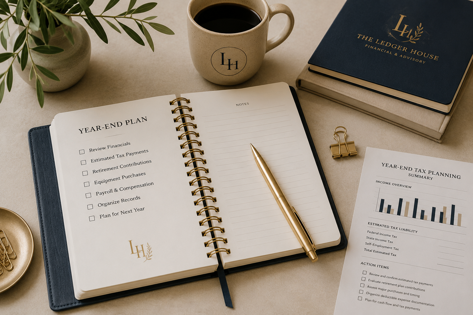 An open business planner, brass pen, coffee cup, and financial documents arranged on a warm neutral desk