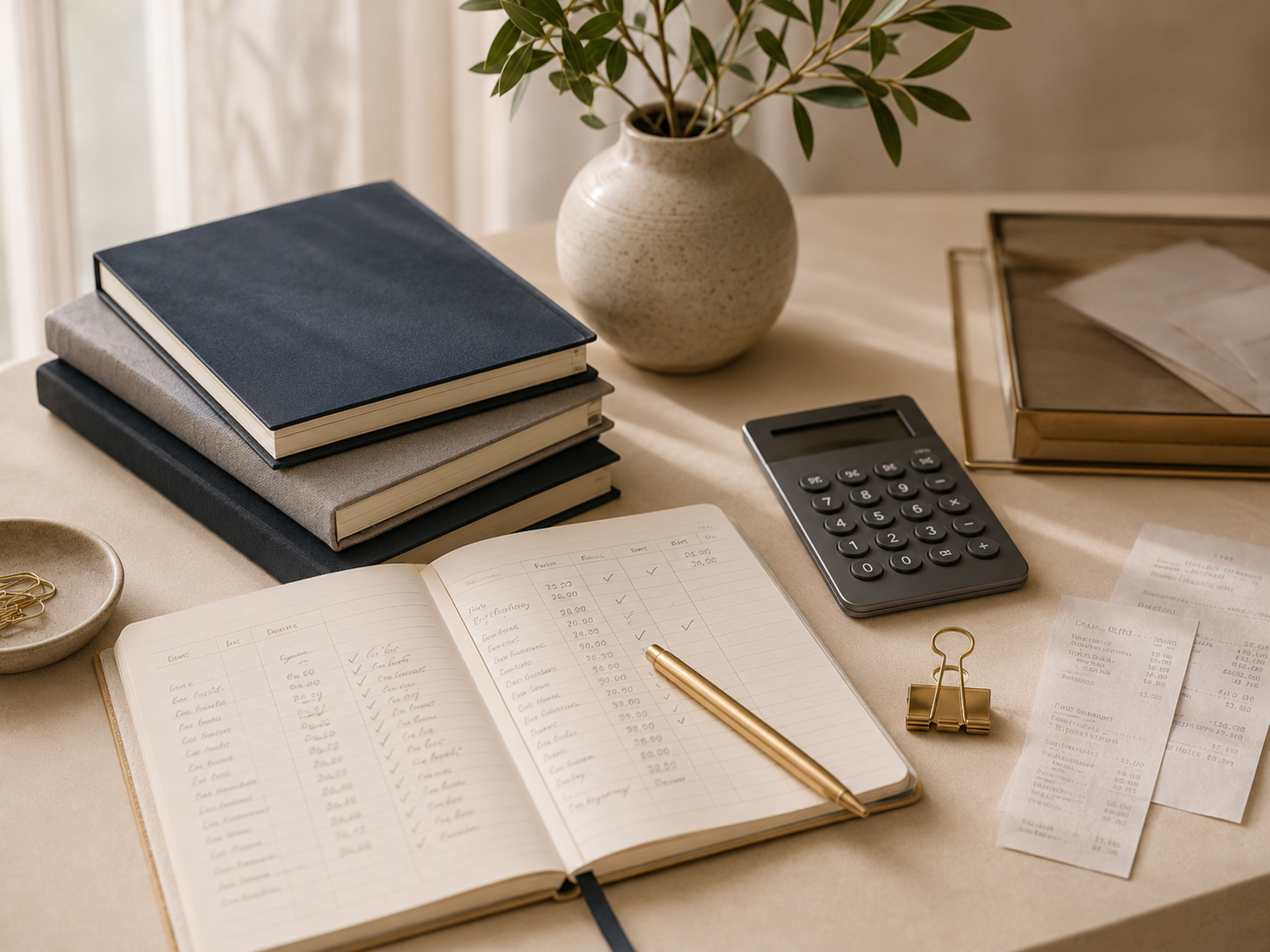 A warm neutral office desk with stacked bookkeeping ledgers, organized receipts, a brass pen, calculator, and leafy greenery