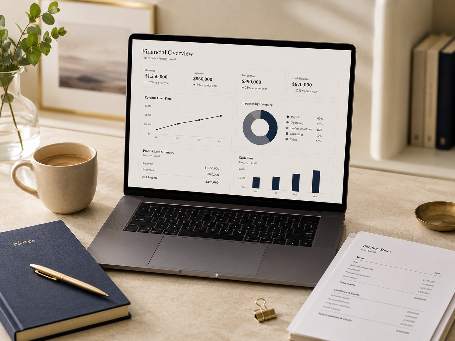 A refined accounting workspace with a laptop displaying organized financial reports, a cream coffee cup, navy notebook, brass pen, and subtle greenery