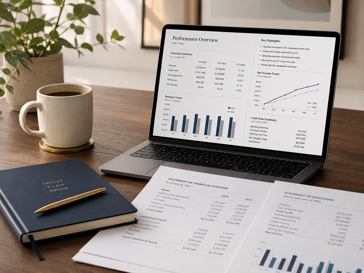 A refined business advisory workspace with a navy notebook, brass pen, coffee cup, organized financial statements, and a laptop displaying clear performance reports